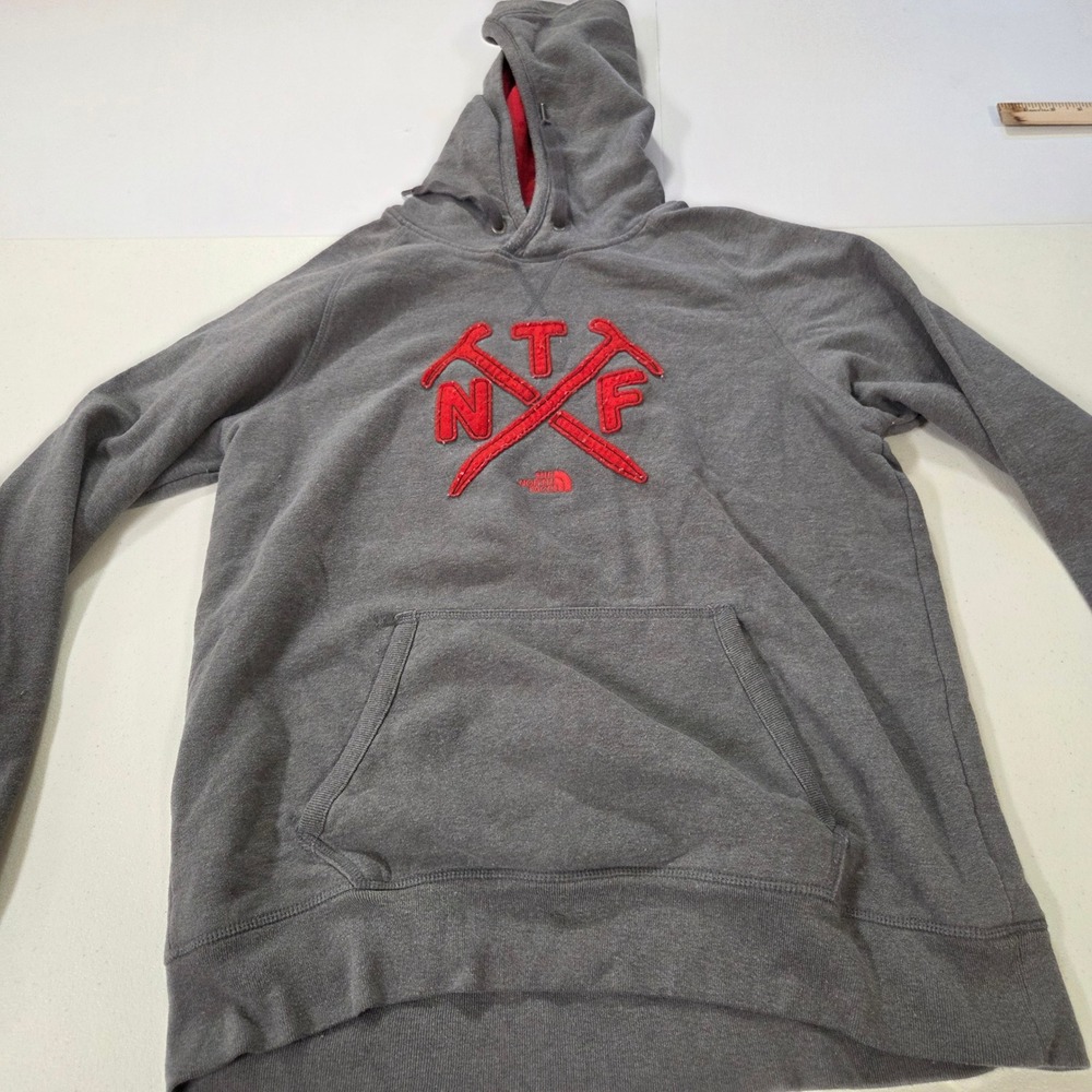 The North Face Mens Gray Red NTF Ice Axe Logo Pullover Hoodie Large Regular